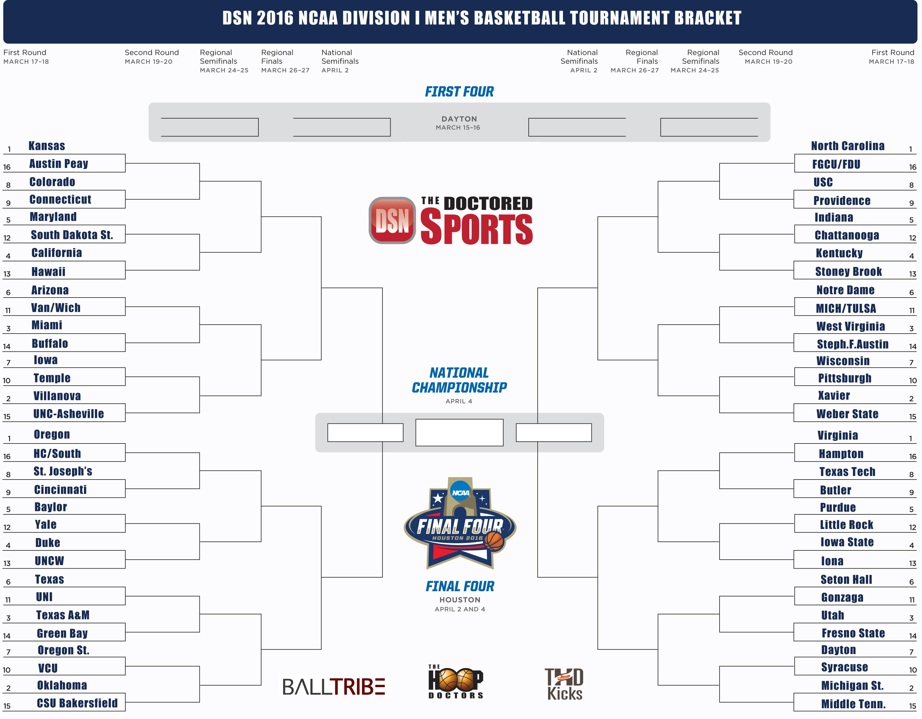 2016 Printable Bracket for March Madness With Teams